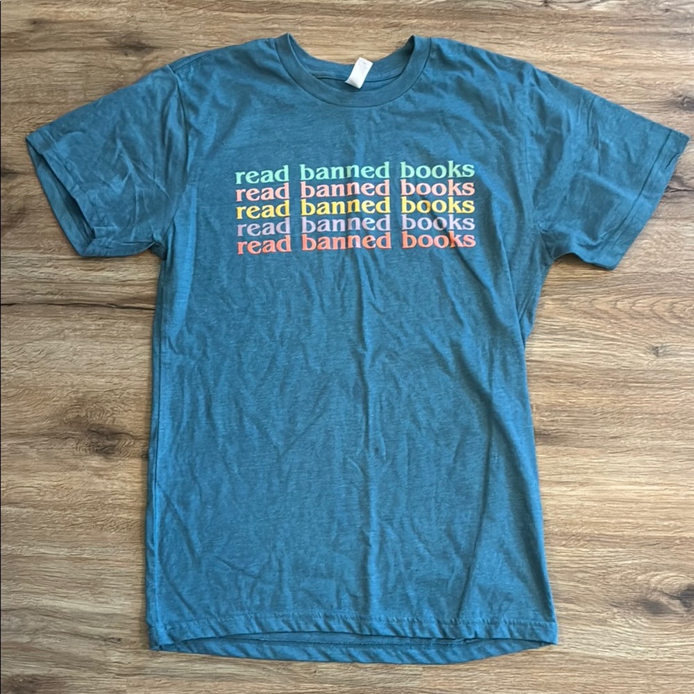 Handmade Heather Blue Circle Clothing Read Banned Books Graphic T-Shirt